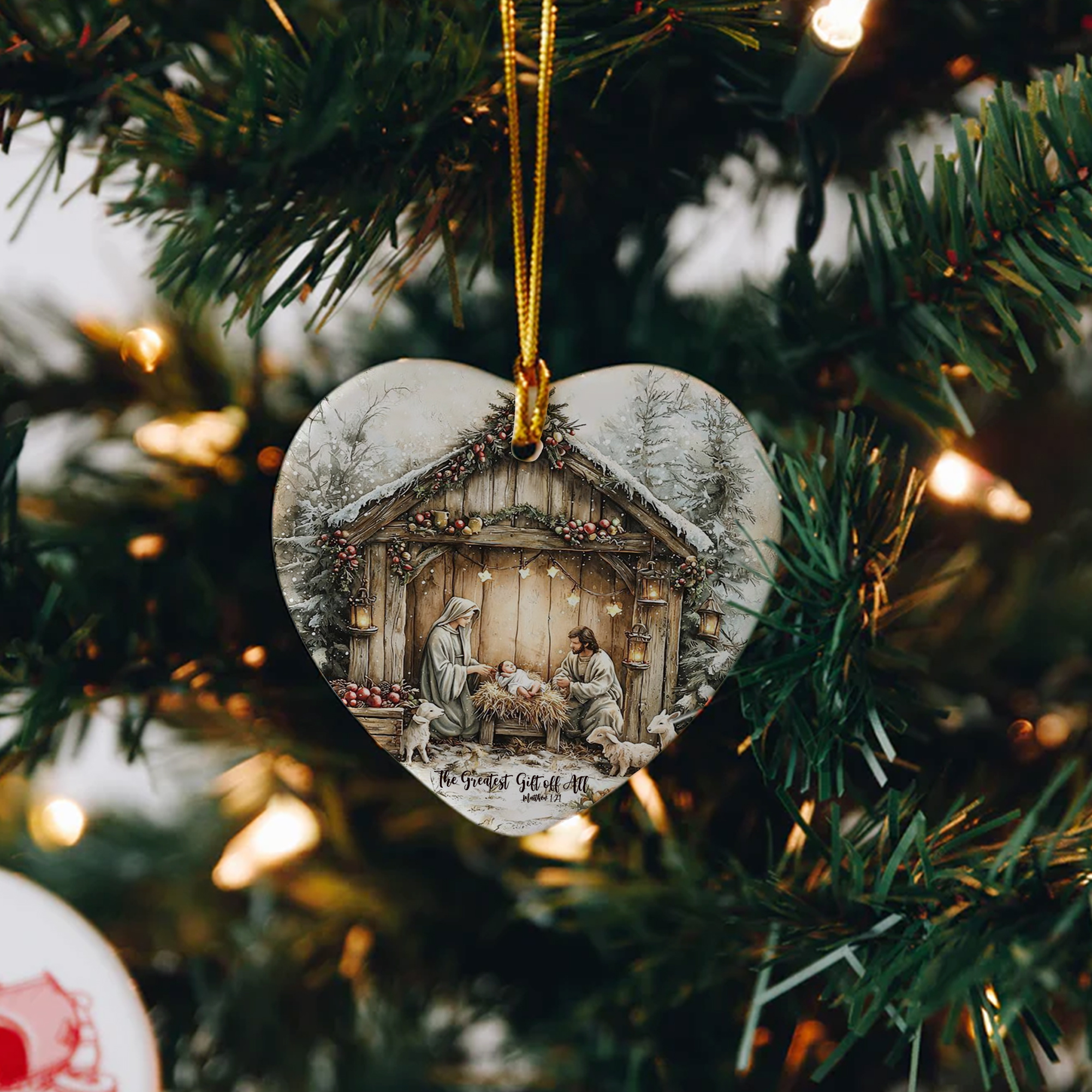 Nativity Scene Christmas Ornament, Holy Family Manger Scene with Baby Jesus, Greatest Gift of All Matthew 1:21, Christian Holiday Decoration DCLAF37